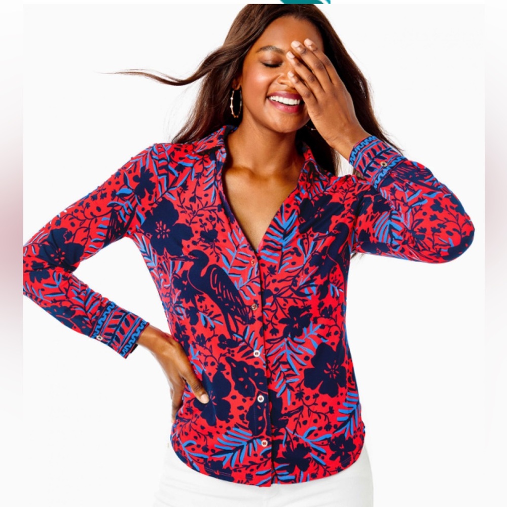 Lilly Pulitzer Chillylilly Marlena Button Down Top Ruby Red Heron My Own Sz: Med